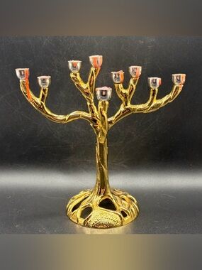 Tree of Life Jerusalem Gold & Silver Tn Metal Candelabra Menorah Candle Holder